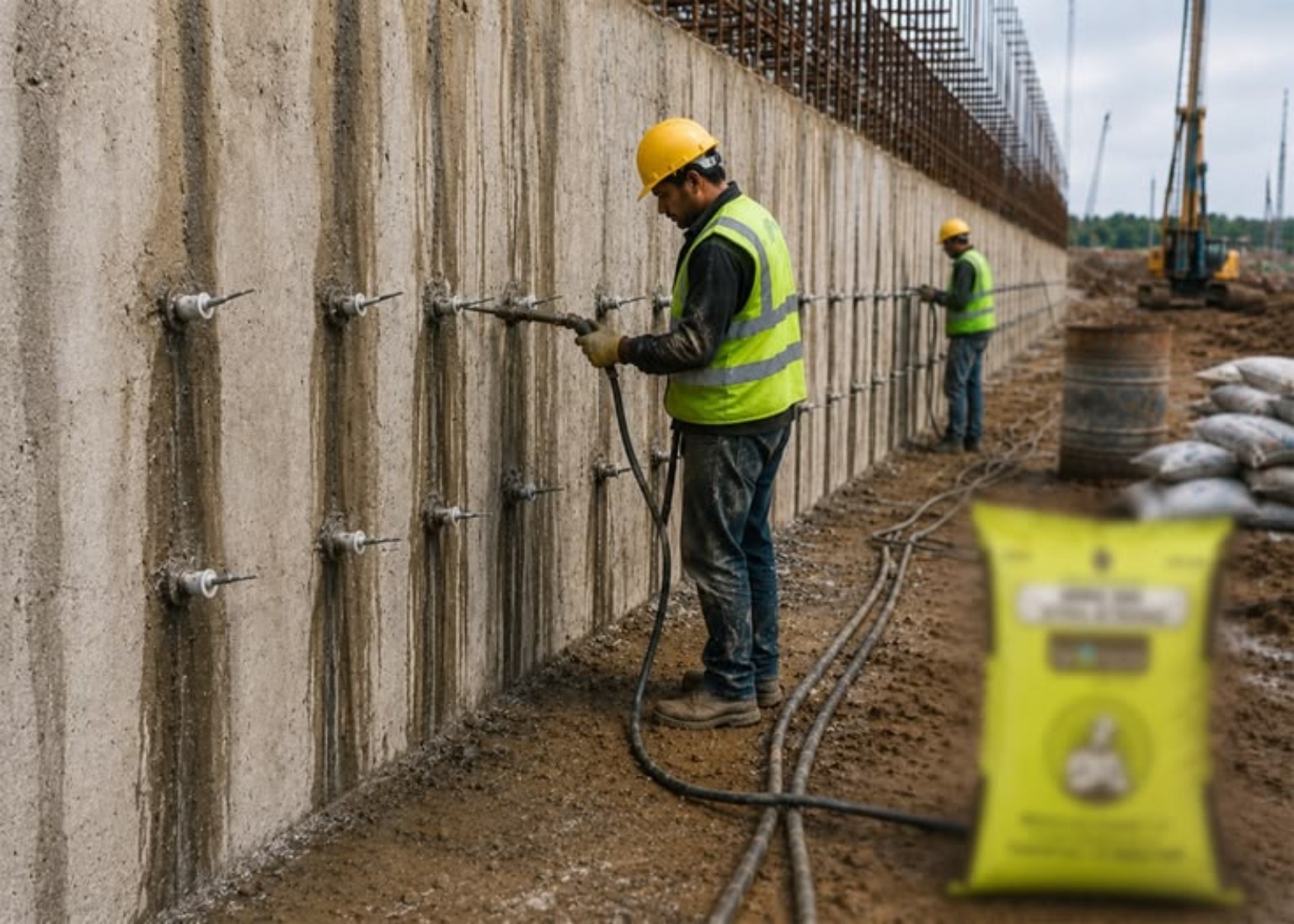Injection grouting being carried out on a concrete retaining wall