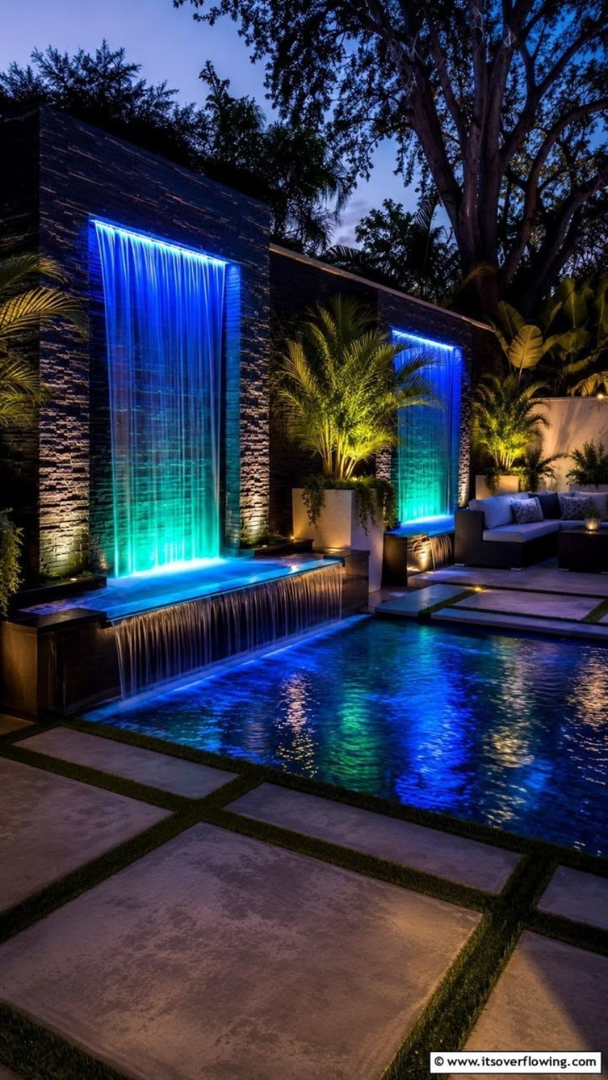 Luxury illuminated fountain and pool water feature