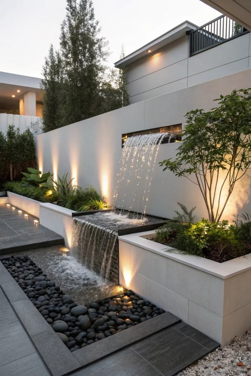 Modern architectural cascade fountain in a landscaped residence