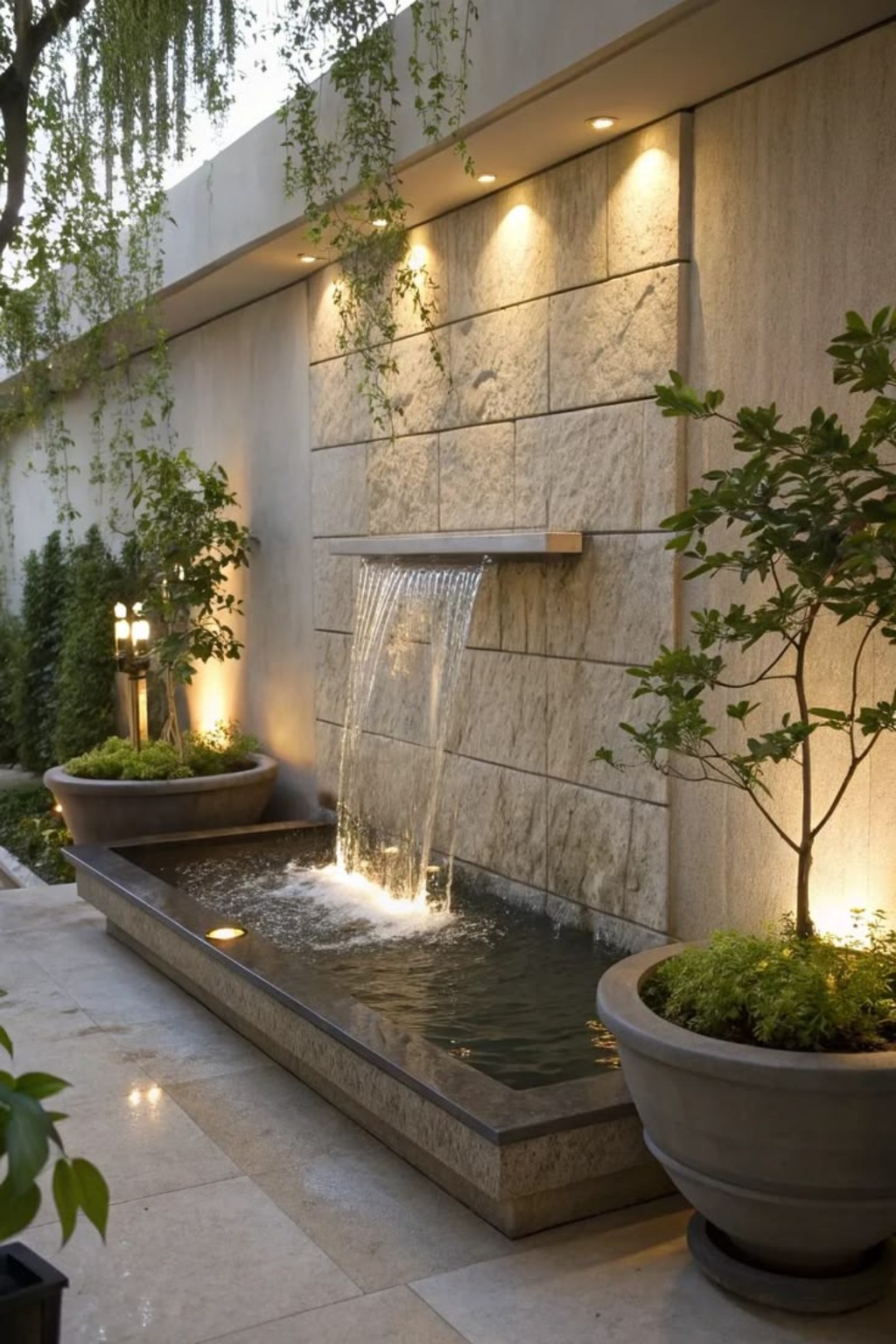 Elegant stone wall waterfall fountain with landscape lighting