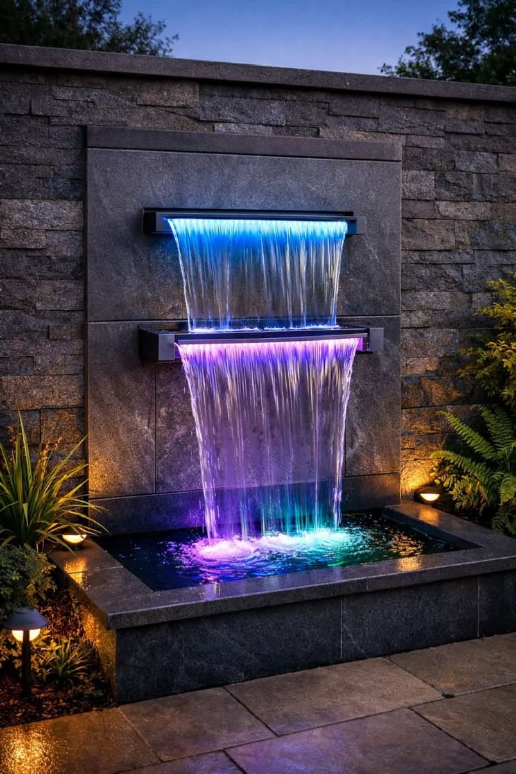 Luxury illuminated double cascade fountain at night