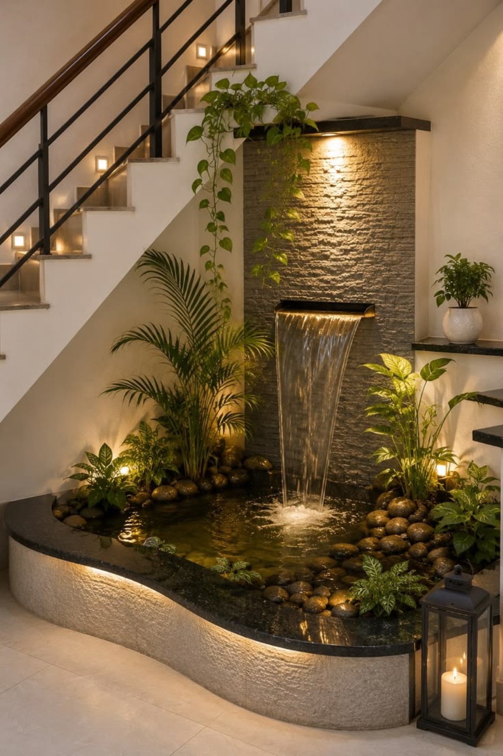 Elegant indoor garden water feature with waterfall design
