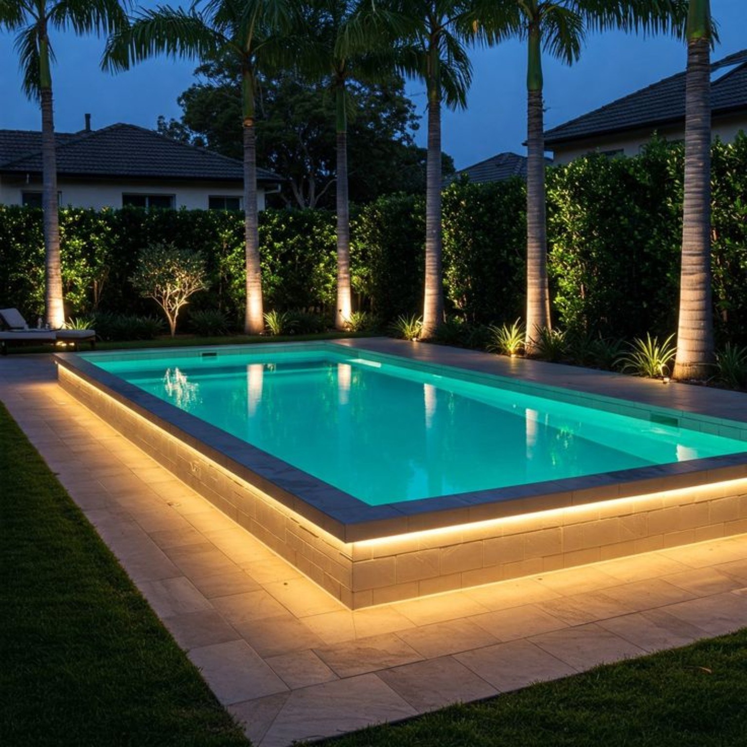 Luxury illuminated outdoor swimming pool at night