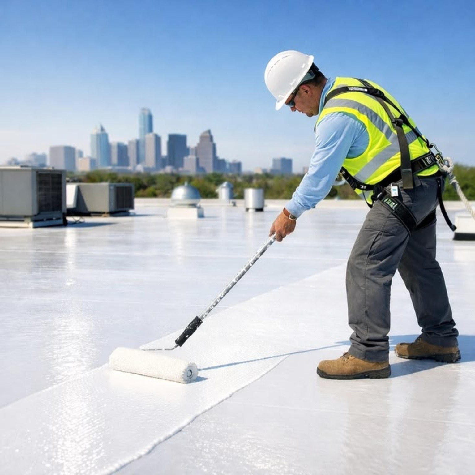 Waterproofing worker applying a protective roof coating