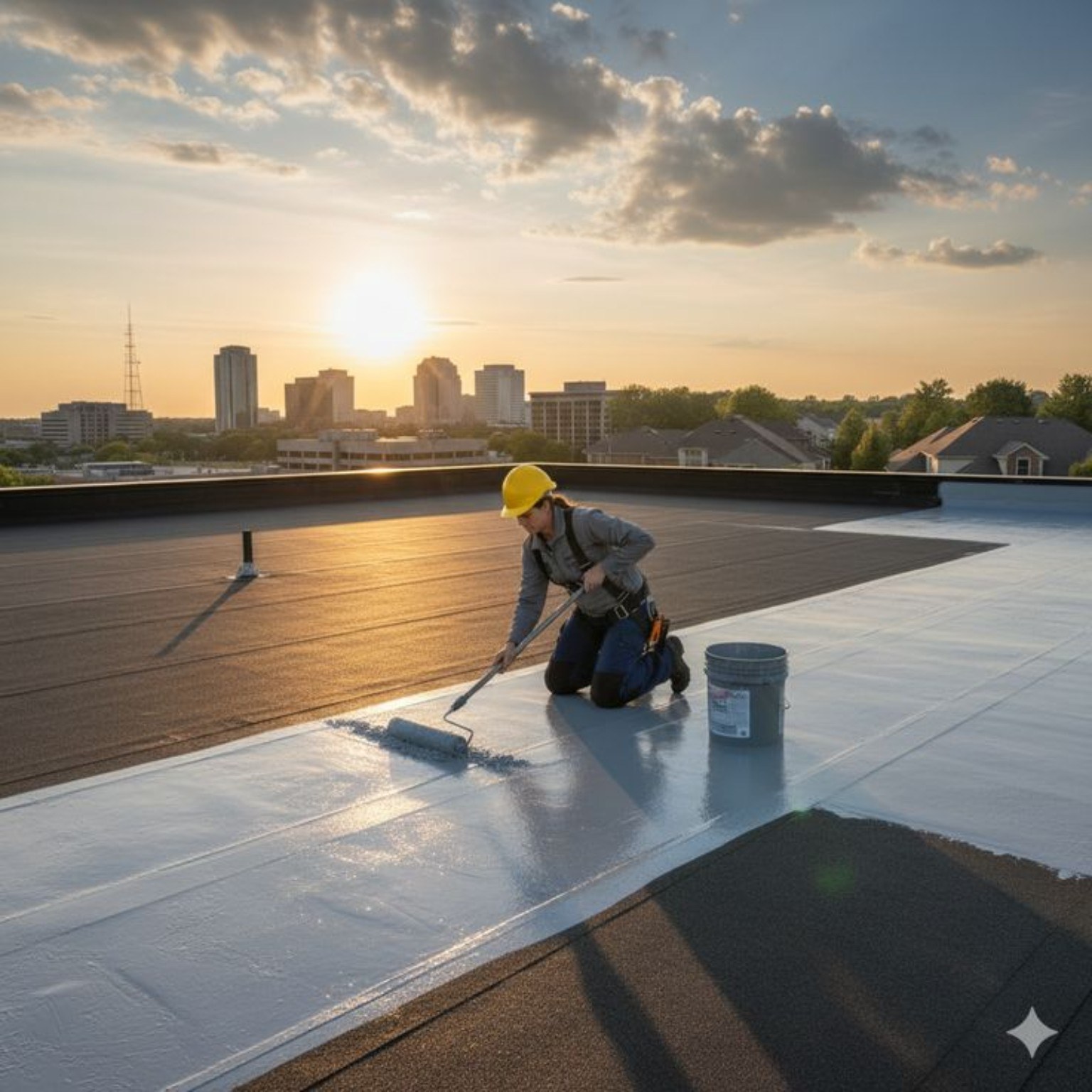 Waterproofing professional applying coating to a terrace surface